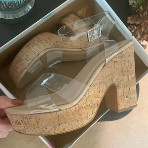 Clear ankle strap cork platform heels